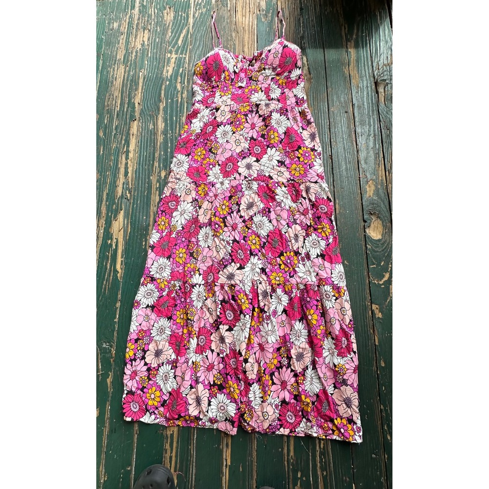 Jolie & Joy Floral Maxi Dress XL Pink Orange Daisy Retro Smocked Tiered Boho